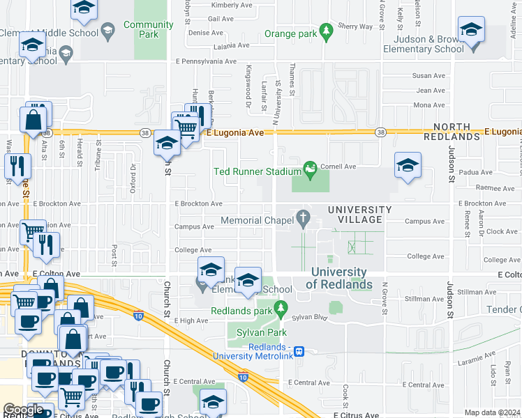 map of restaurants, bars, coffee shops, grocery stores, and more near 1030 East Brockton Avenue in Redlands
