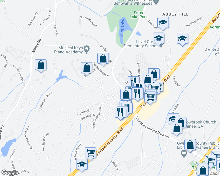 map of restaurants, bars, coffee shops, grocery stores, and more near 581 Grove Field Court Northwest in Suwanee
