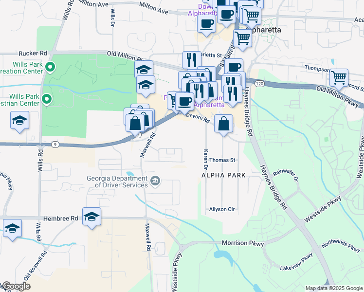 map of restaurants, bars, coffee shops, grocery stores, and more near 1575 Kilmington Court in Alpharetta
