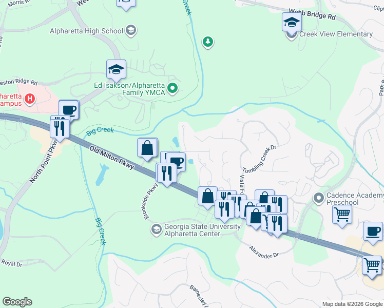 map of restaurants, bars, coffee shops, grocery stores, and more near 2000 Whitestone Place in Alpharetta