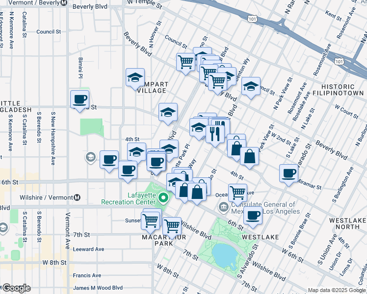 map of restaurants, bars, coffee shops, grocery stores, and more near 349 South La Fayette Park Place in Los Angeles