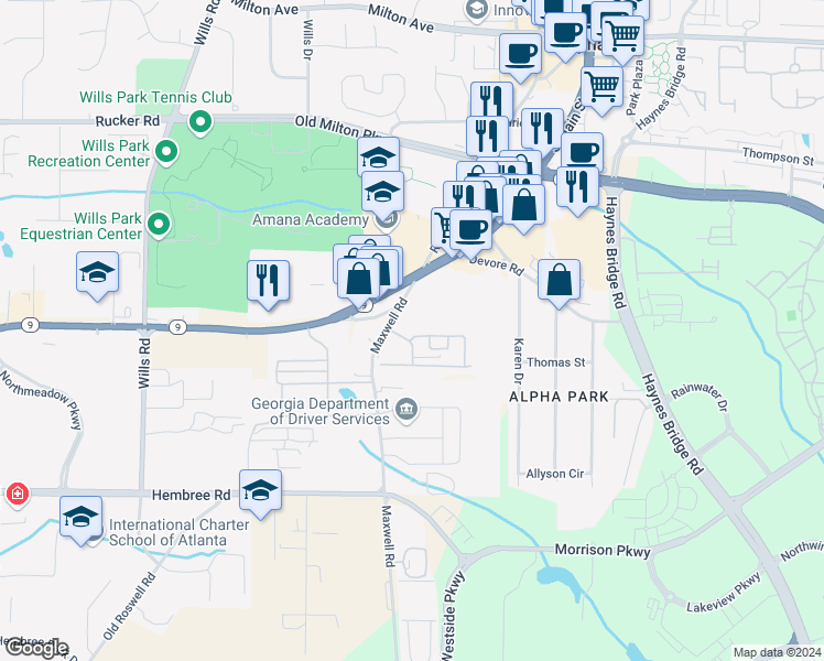 map of restaurants, bars, coffee shops, grocery stores, and more near 1825 Kilmington Court in Alpharetta