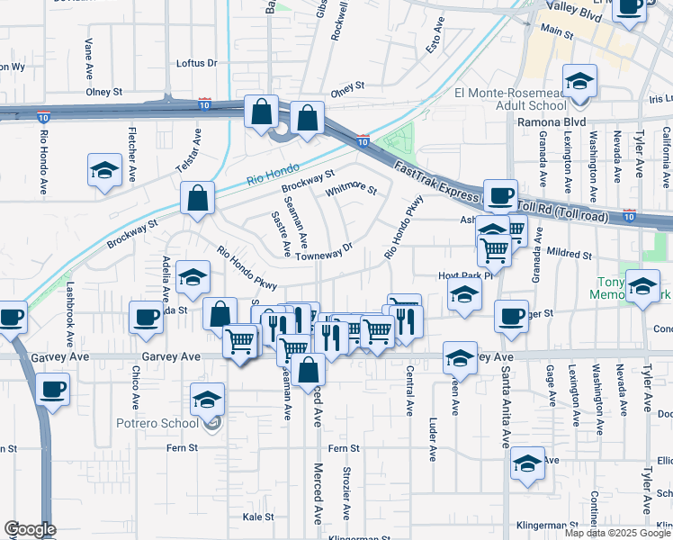 map of restaurants, bars, coffee shops, grocery stores, and more near 10038 Towneway Drive in El Monte