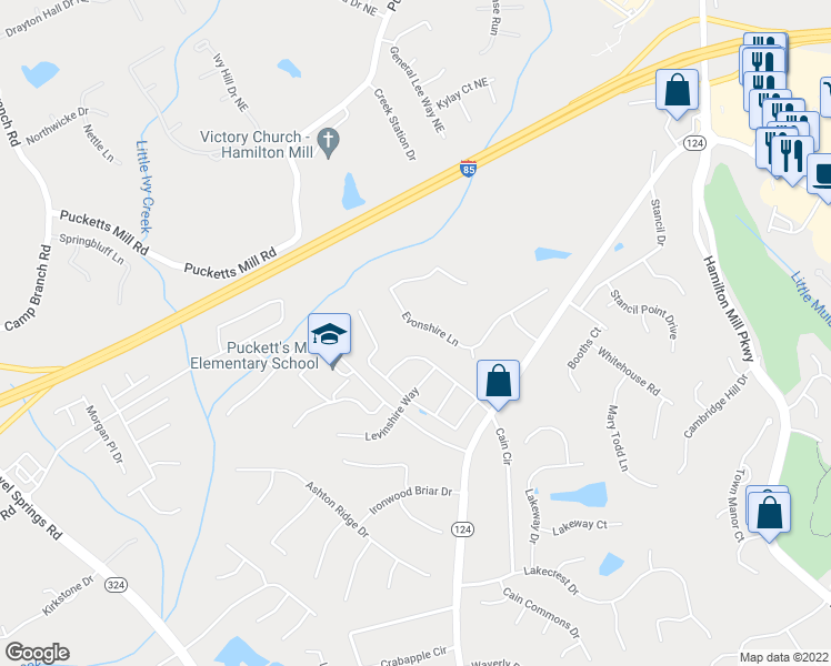map of restaurants, bars, coffee shops, grocery stores, and more near 3017 Evonshire Lane in Dacula