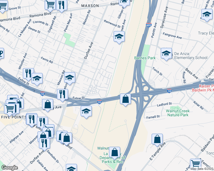map of restaurants, bars, coffee shops, grocery stores, and more near 12540 Tamarack Street in El Monte