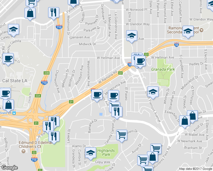 map of restaurants, bars, coffee shops, grocery stores, and more near 2802 West Ramona Road in Alhambra