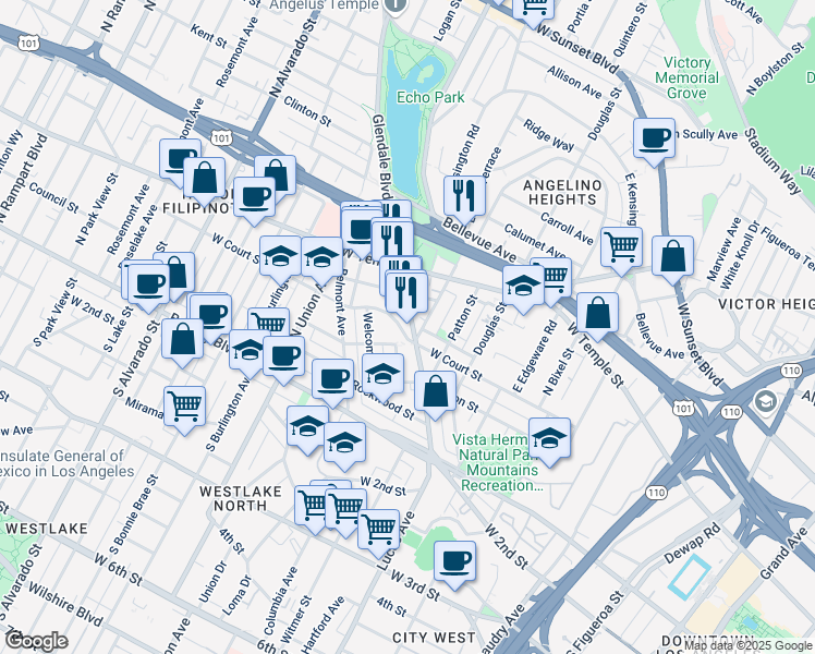 map of restaurants, bars, coffee shops, grocery stores, and more near 329 Laveta Terrace in Los Angeles