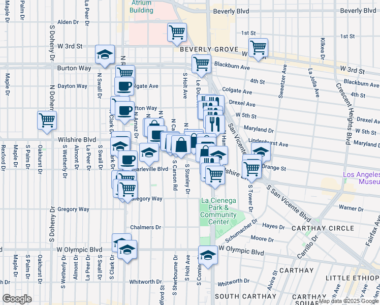 map of restaurants, bars, coffee shops, grocery stores, and more near 127 North Stanley Drive in Beverly Hills