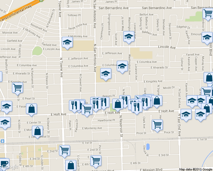 map of restaurants, bars, coffee shops, grocery stores, and more near 864 East Kingsley Avenue in Pomona
