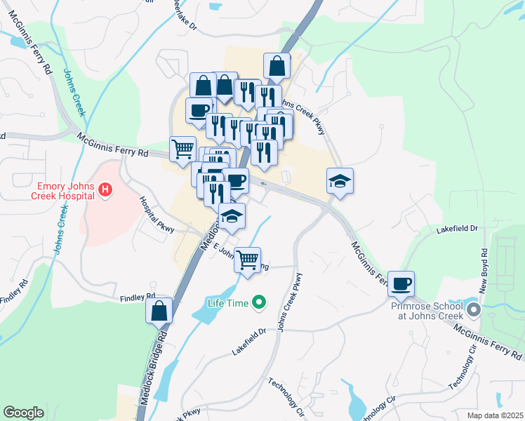 map of restaurants, bars, coffee shops, grocery stores, and more near 6620 McGinnis Ferry Road in Duluth