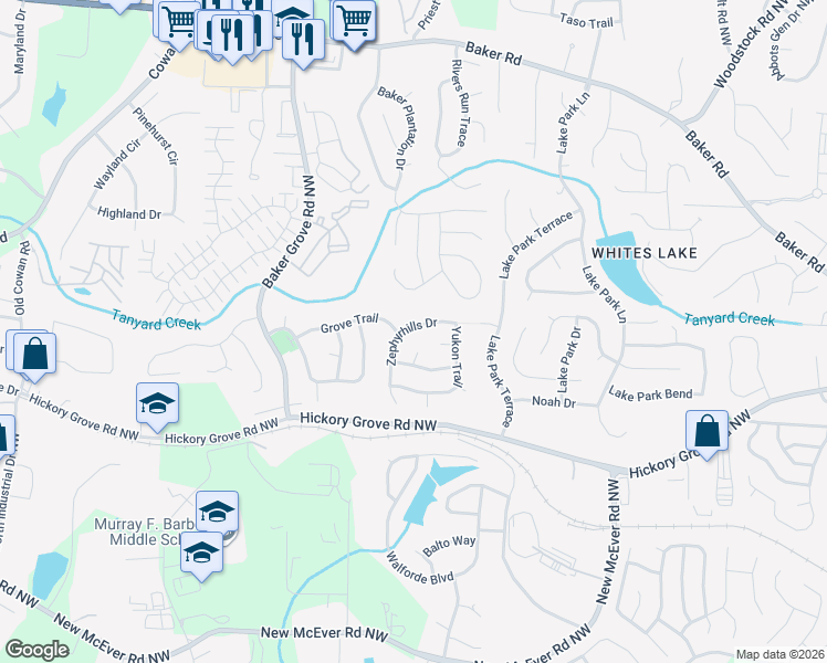 map of restaurants, bars, coffee shops, grocery stores, and more near 4236 Zephyrhills Drive in Acworth