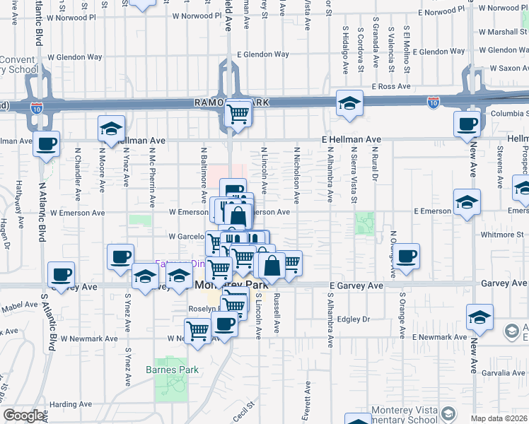 map of restaurants, bars, coffee shops, grocery stores, and more near North Lincoln Avenue in Monterey Park