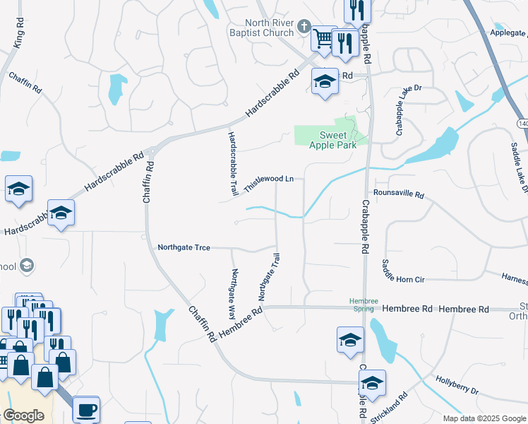 map of restaurants, bars, coffee shops, grocery stores, and more near 115 Beechwood Trail in Roswell