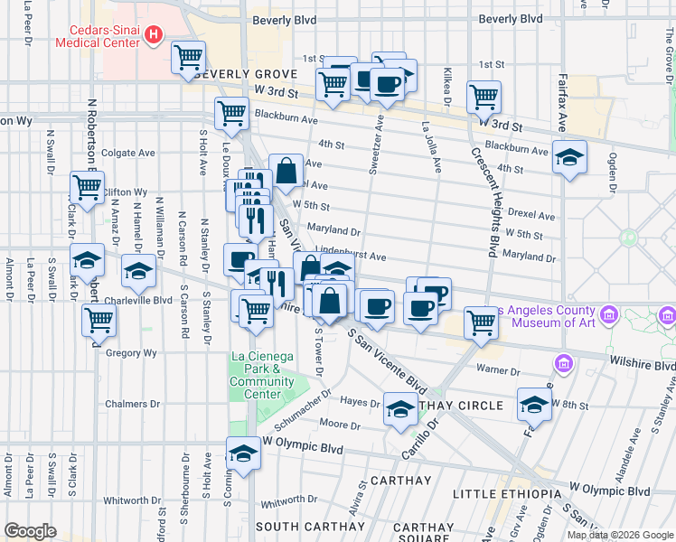 map of restaurants, bars, coffee shops, grocery stores, and more near 6627 West 6th Street in Los Angeles