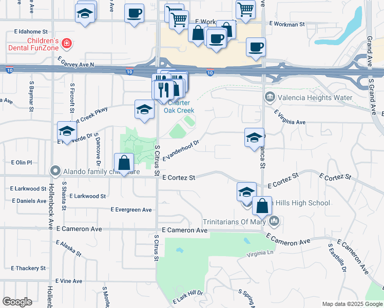 map of restaurants, bars, coffee shops, grocery stores, and more near 2720 East Sunset Hill Drive in West Covina