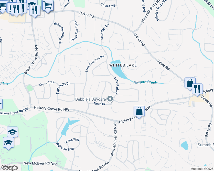map of restaurants, bars, coffee shops, grocery stores, and more near 2761 Lake Park Ridge West in Acworth