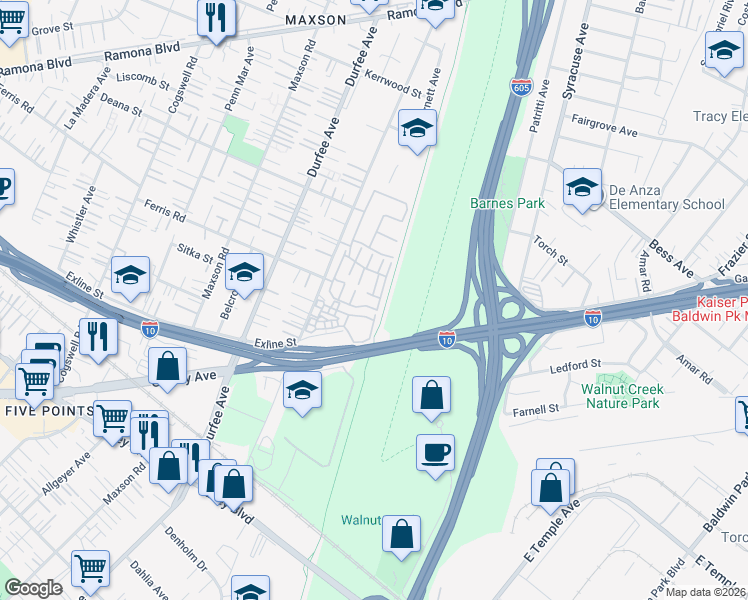 map of restaurants, bars, coffee shops, grocery stores, and more near 12540 Tamarack Street in El Monte