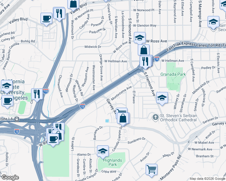 map of restaurants, bars, coffee shops, grocery stores, and more near 2819 West Ramona Road in Alhambra
