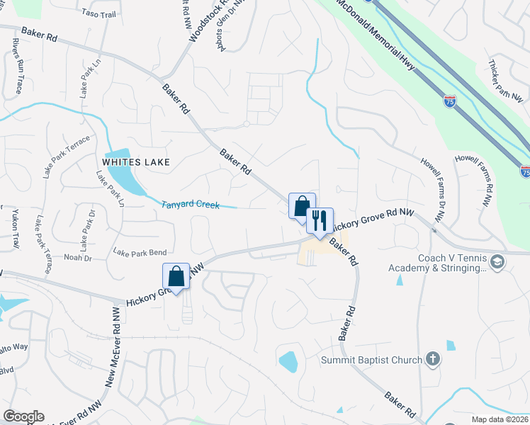 map of restaurants, bars, coffee shops, grocery stores, and more near 2510 Eden Ridge Lane in Acworth