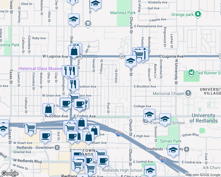map of restaurants, bars, coffee shops, grocery stores, and more near 511 East Brockton Avenue in Redlands