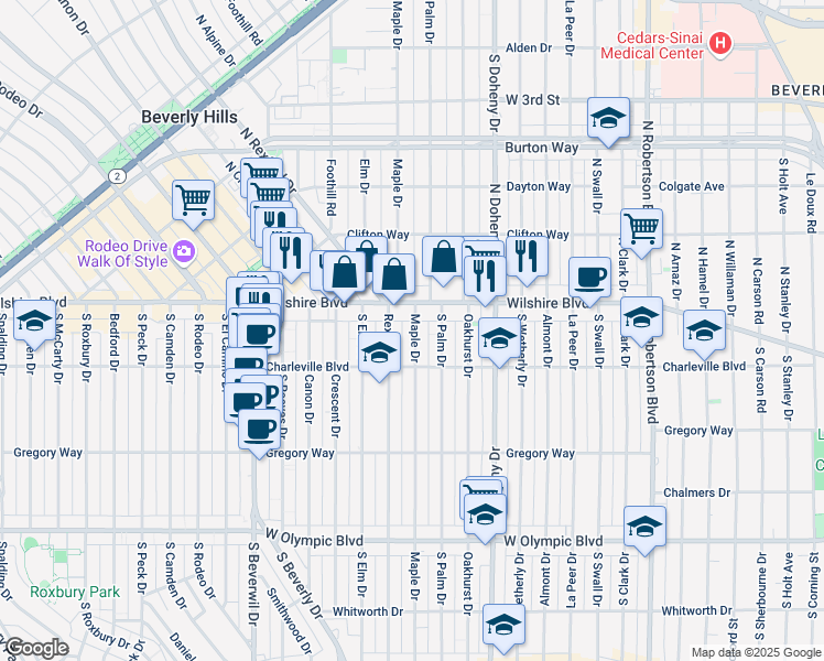 map of restaurants, bars, coffee shops, grocery stores, and more near 131 South Maple Drive in Beverly Hills