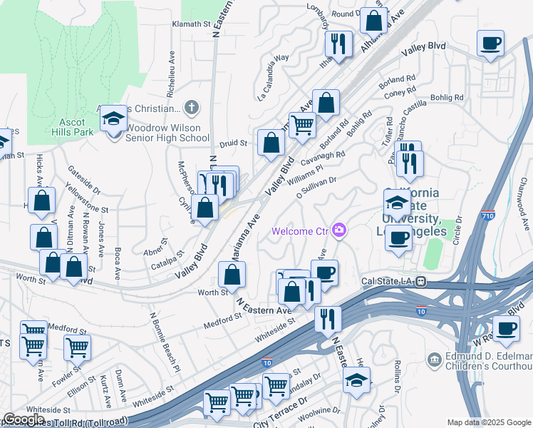 map of restaurants, bars, coffee shops, grocery stores, and more near North Marianna Avenue in Los Angeles
