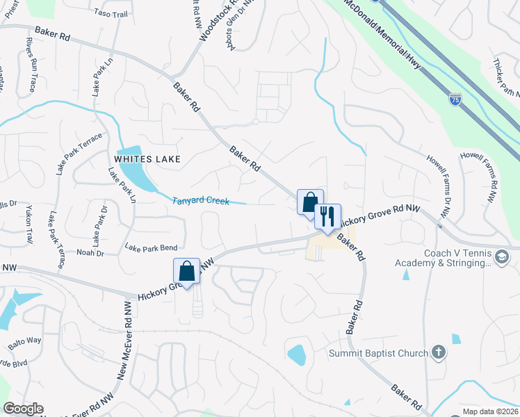 map of restaurants, bars, coffee shops, grocery stores, and more near 2510 Eden Ridge Lane in Acworth