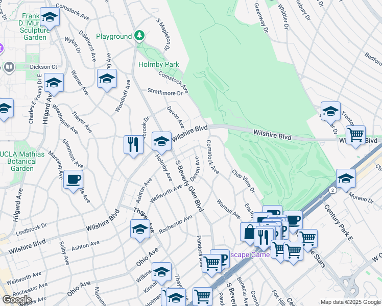 map of restaurants, bars, coffee shops, grocery stores, and more near 10354 Ashton Avenue in Los Angeles
