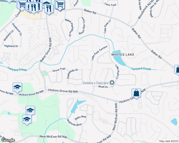 map of restaurants, bars, coffee shops, grocery stores, and more near 4811 Lake Park Terrace in Acworth