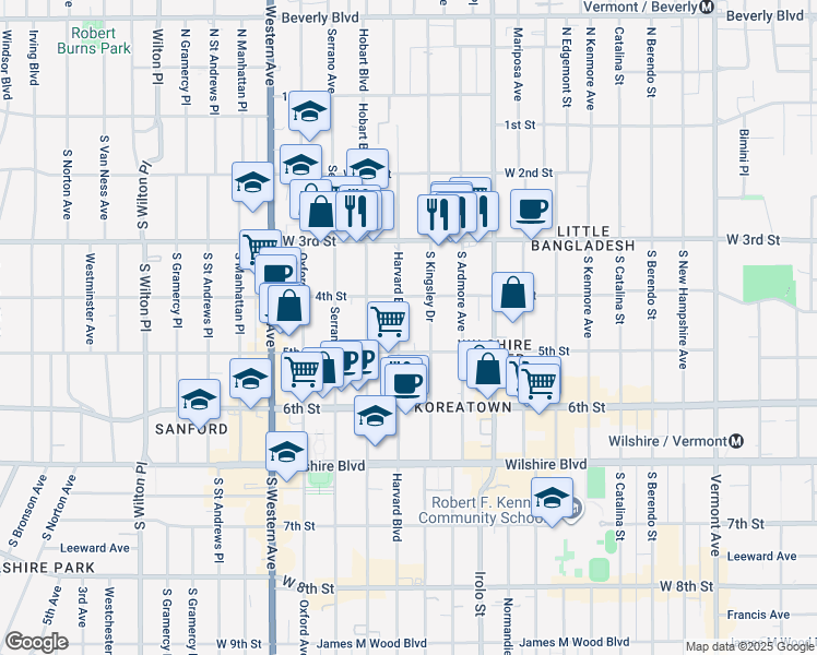 map of restaurants, bars, coffee shops, grocery stores, and more near 420 South Harvard Boulevard in Los Angeles