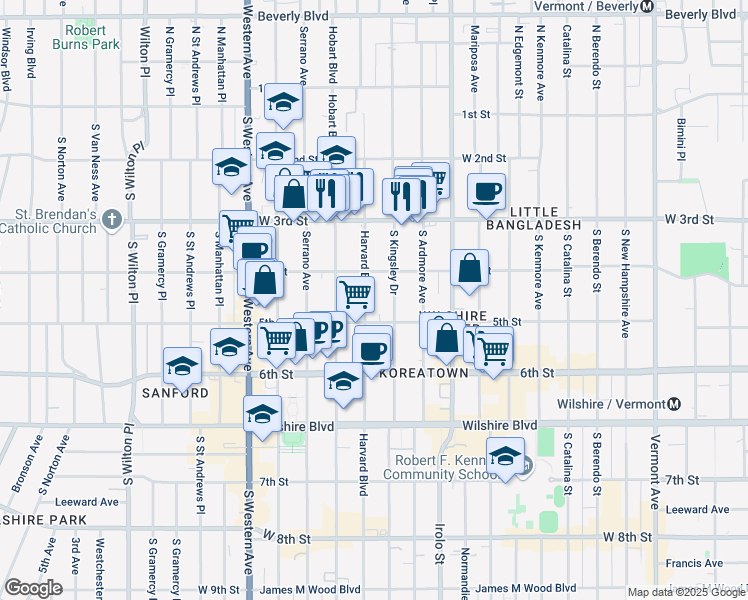 map of restaurants, bars, coffee shops, grocery stores, and more near 432 South Harvard Boulevard in Los Angeles
