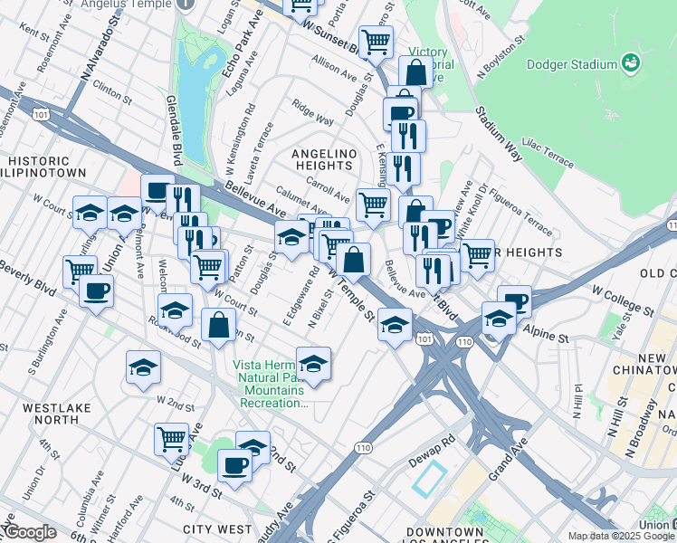 map of restaurants, bars, coffee shops, grocery stores, and more near 1255 West Temple Street in Los Angeles