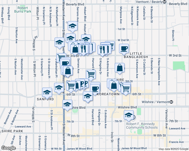 map of restaurants, bars, coffee shops, grocery stores, and more near 432 South Harvard Boulevard in Los Angeles