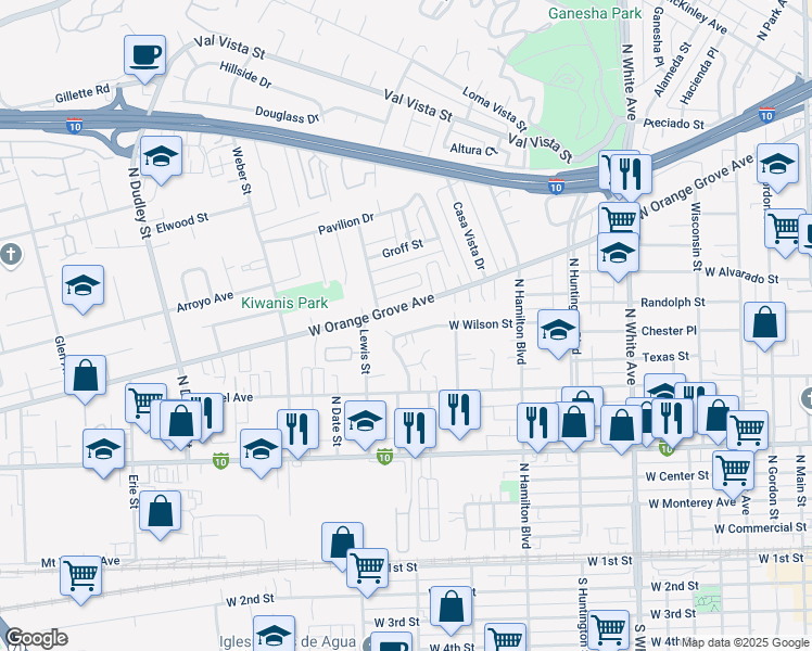 map of restaurants, bars, coffee shops, grocery stores, and more near 1032 West Orange Grove Avenue in Pomona