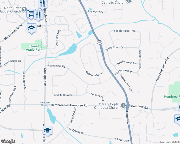 map of restaurants, bars, coffee shops, grocery stores, and more near 370 Saddle Lake Dr in Roswell