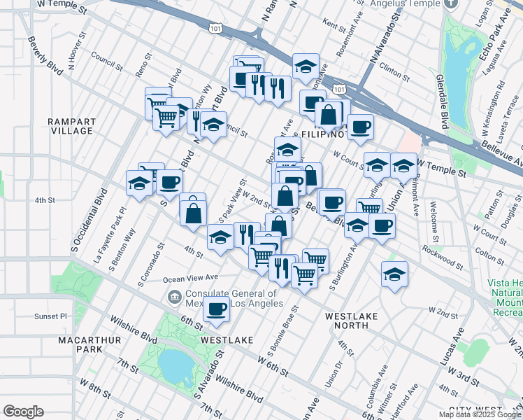 map of restaurants, bars, coffee shops, grocery stores, and more near 201 South Lake Street in Los Angeles