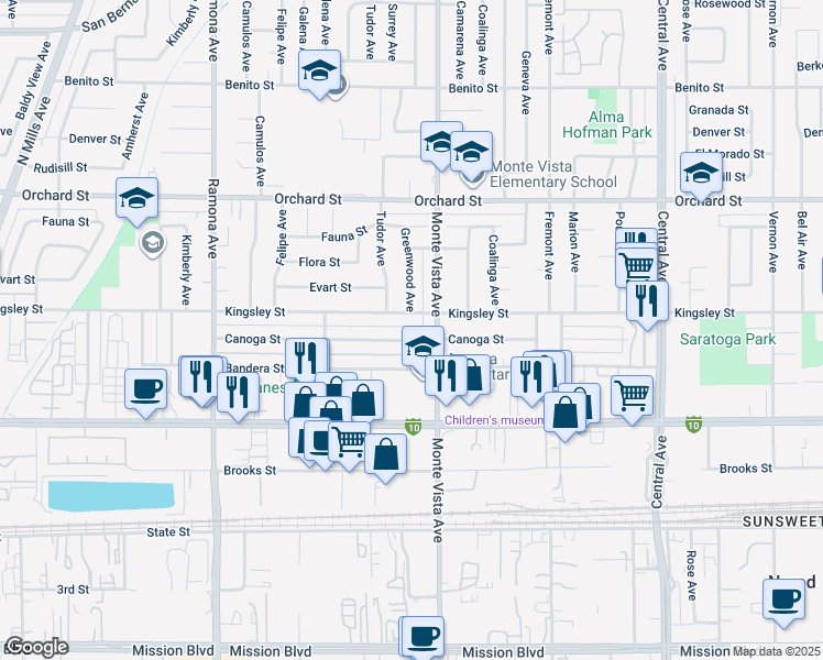 map of restaurants, bars, coffee shops, grocery stores, and more near 4860 Canoga Street in Montclair