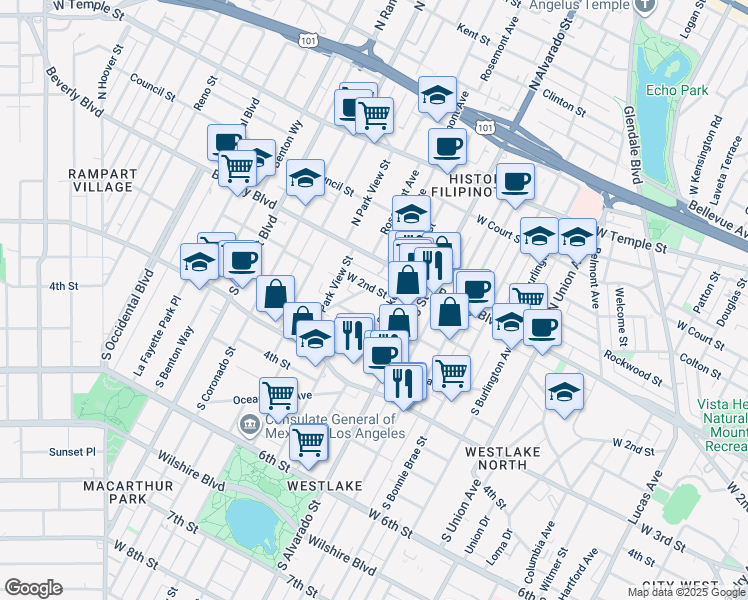 map of restaurants, bars, coffee shops, grocery stores, and more near 201 South Lake Street in Los Angeles