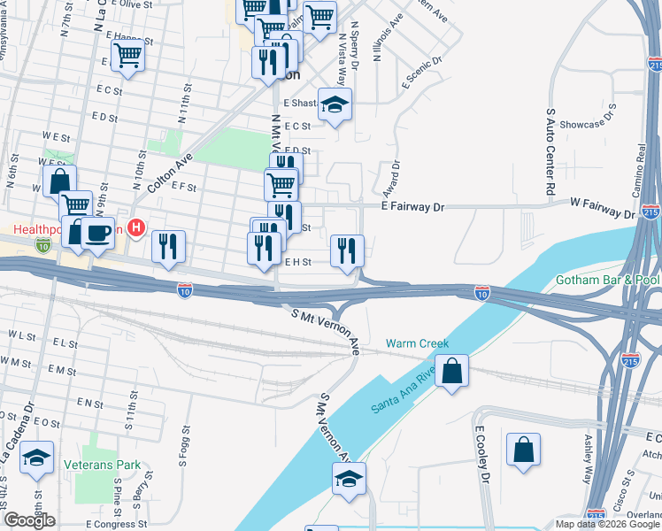 map of restaurants, bars, coffee shops, grocery stores, and more near 881 East H Street in Colton