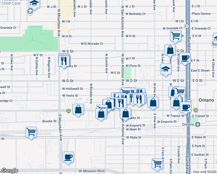 map of restaurants, bars, coffee shops, grocery stores, and more near 767 West D Street in Ontario