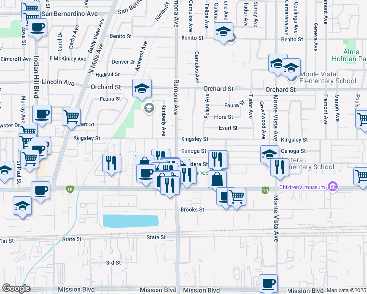 map of restaurants, bars, coffee shops, grocery stores, and more near 4525 Kingsley Street in Montclair