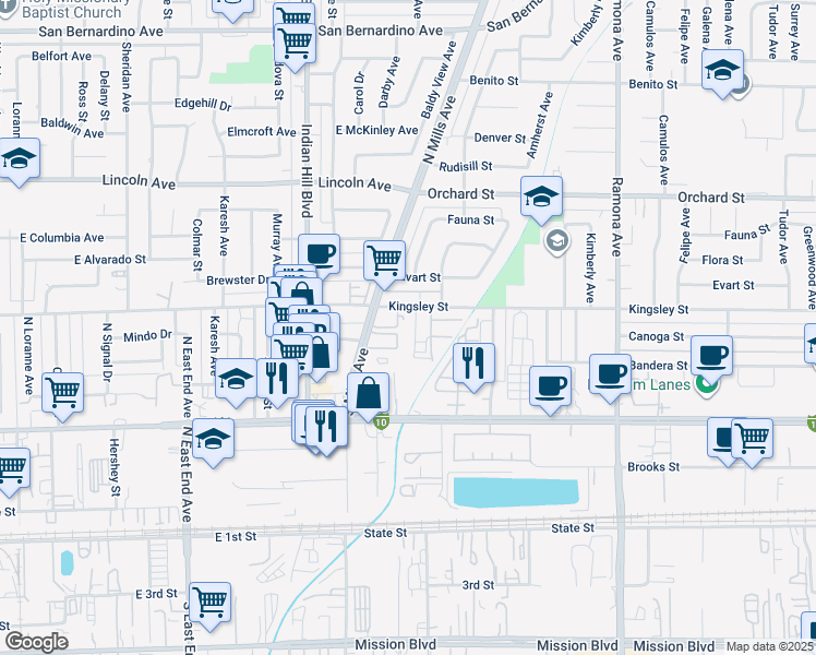 map of restaurants, bars, coffee shops, grocery stores, and more near 10340 Pradera Avenue in Montclair