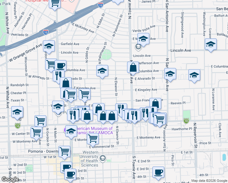 map of restaurants, bars, coffee shops, grocery stores, and more near 903 North Eleanor Street in Pomona