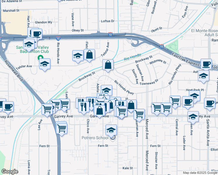 map of restaurants, bars, coffee shops, grocery stores, and more near 9731 Whitmore Street in South El Monte