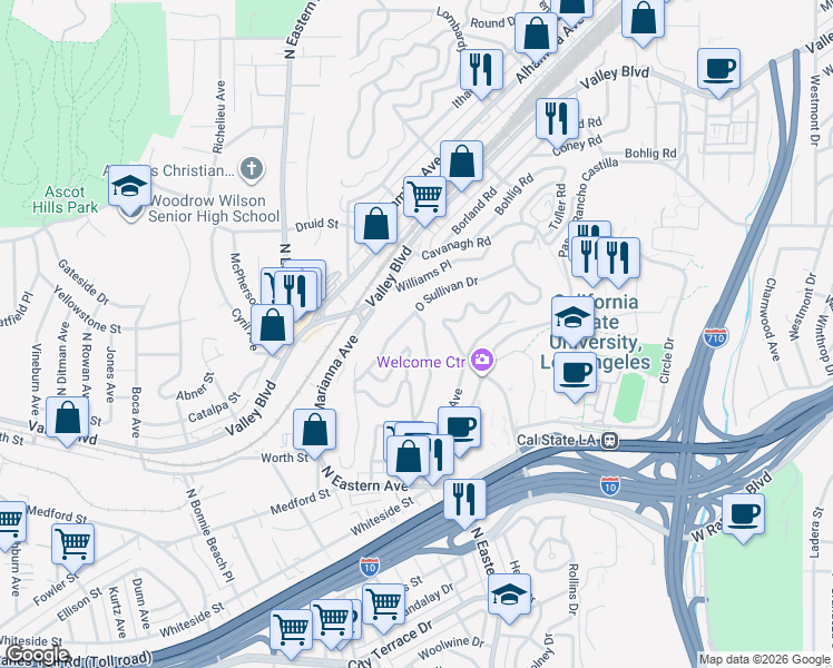 map of restaurants, bars, coffee shops, grocery stores, and more near 4929 O Sullivan Drive in Los Angeles