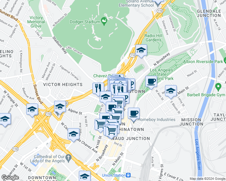 map of restaurants, bars, coffee shops, grocery stores, and more near 947 Yale Street in Los Angeles