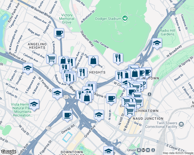 map of restaurants, bars, coffee shops, grocery stores, and more near 918 West College Street in Los Angeles