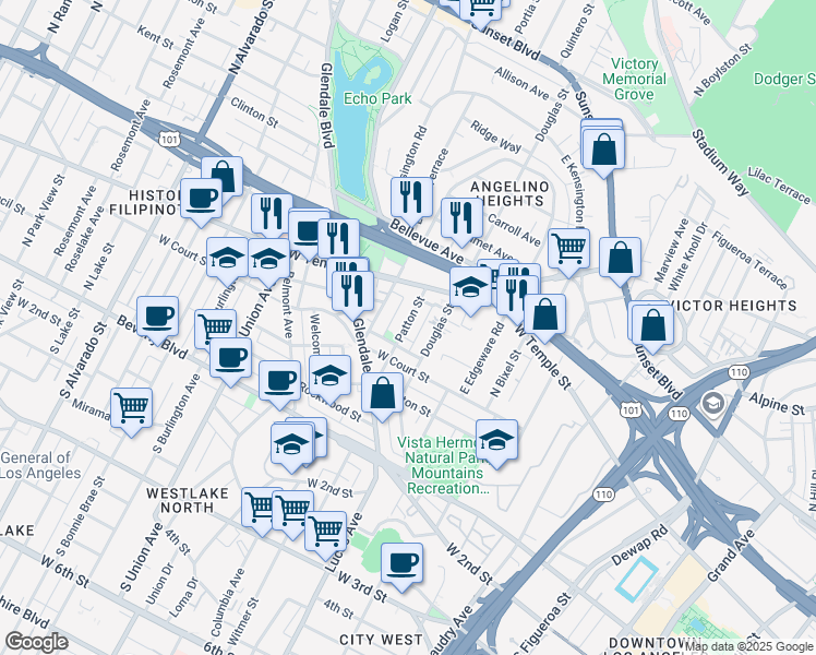 map of restaurants, bars, coffee shops, grocery stores, and more near 349 Patton Street in Los Angeles