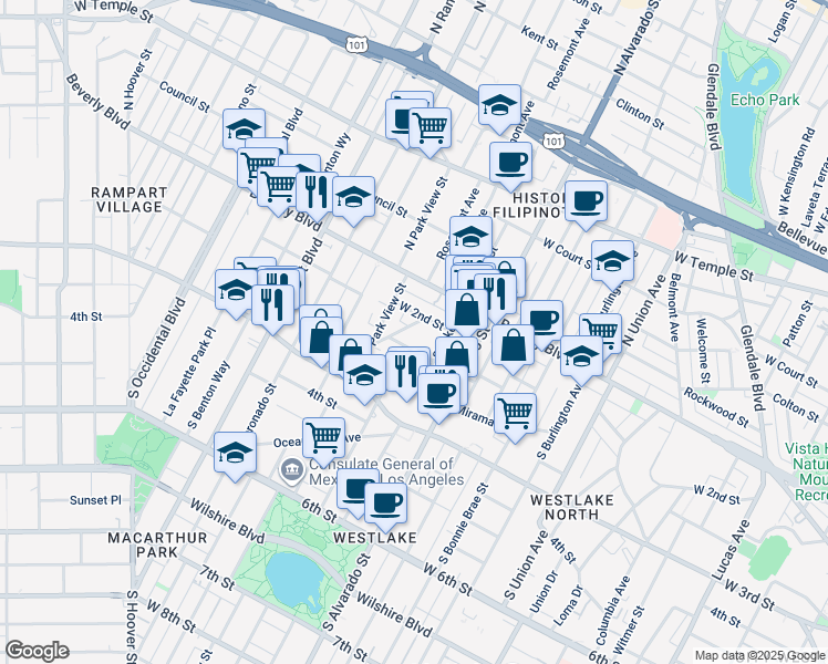 map of restaurants, bars, coffee shops, grocery stores, and more near 217 Crandall Street in Los Angeles