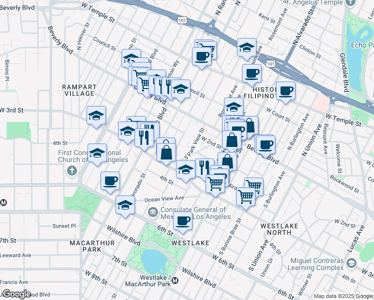 map of restaurants, bars, coffee shops, grocery stores, and more near 227 South Park View Street in Los Angeles